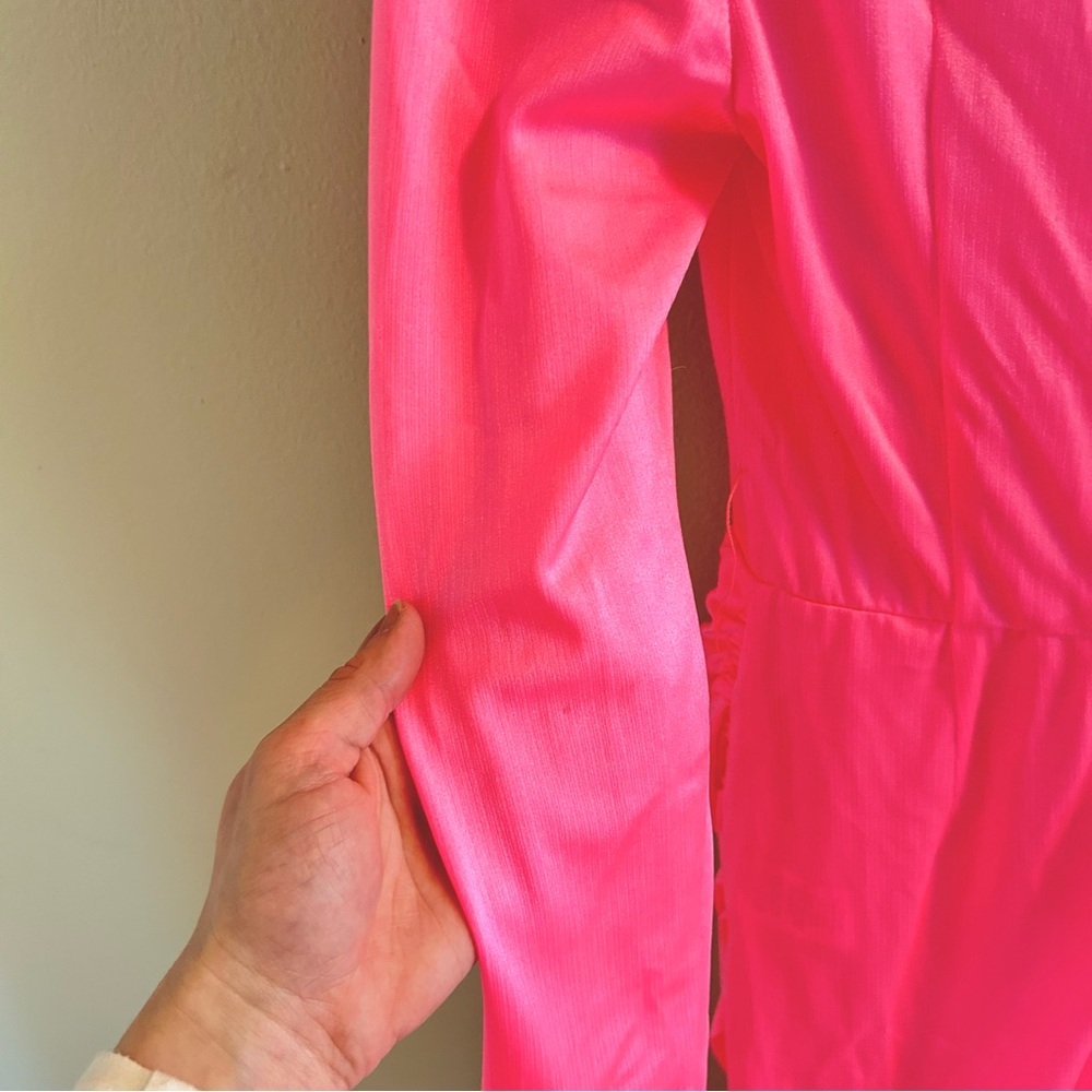 Bronx and Banco Electric Pink Maxi Sash Waist Dress Size Large Long Sleeve Slit - Picture 13 of 16